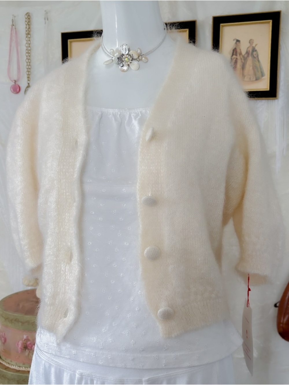 Romantic coquette minimalist timeless chic French girly mohair blend cardigan - Picture 4 of 8
